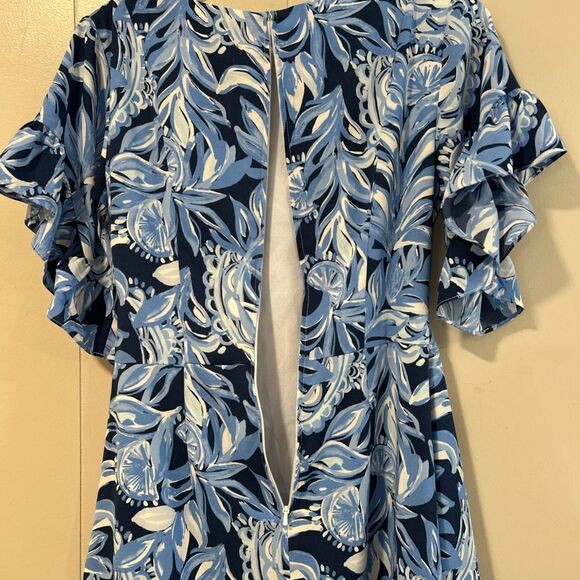 Lilly Pulitzer Blue Floral Ruffle Dress Size 4 | Short Sleeve Tie Waist Mini - Picture 5 of 7